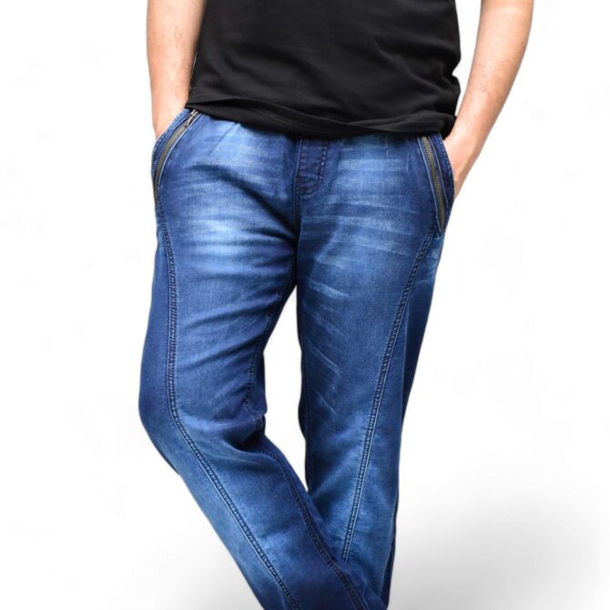 Denim trousers for men, casual wear, elasticated waist band, stylish and comfortable
